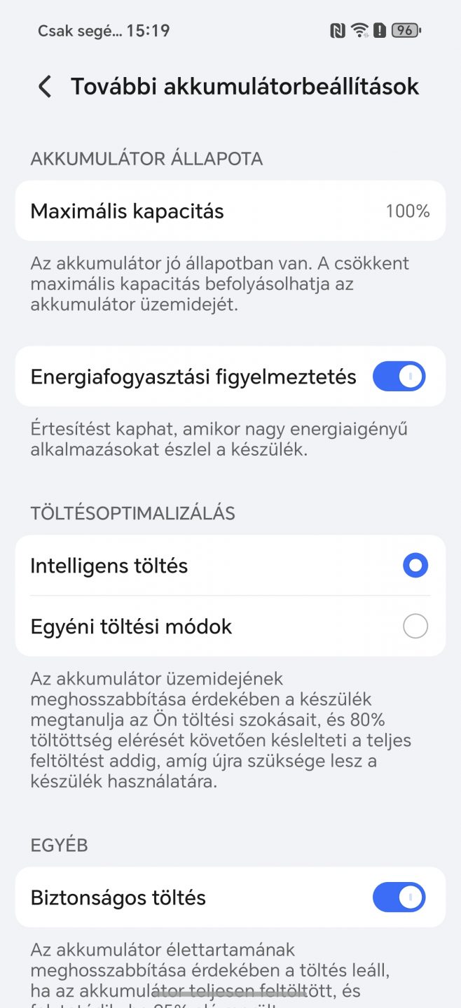 Akkumulátor beállítások